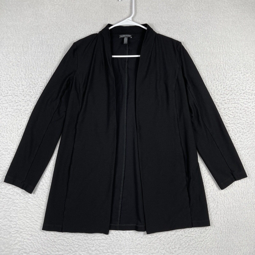 Eileen Fisher Cardigan Womens XS Black Pockets‎ Open Front Sweater Ladies Career